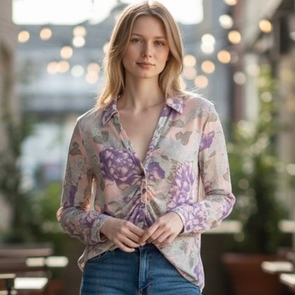 Free People Mesh Top Women L Lilac Bloom New Floral Long Sleeve Button Blouse